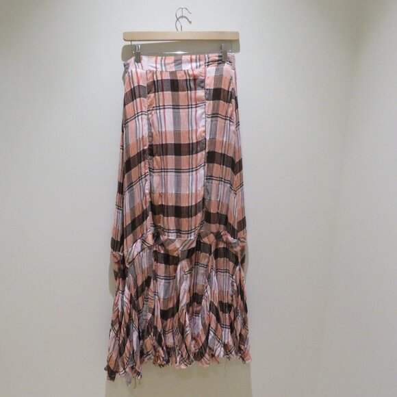 FREE PEOPLE Bordeaux Plaid Maxi Skirt in Pink Peach Grunge Boho Punk Peasant NWT - Picture 2 of 14